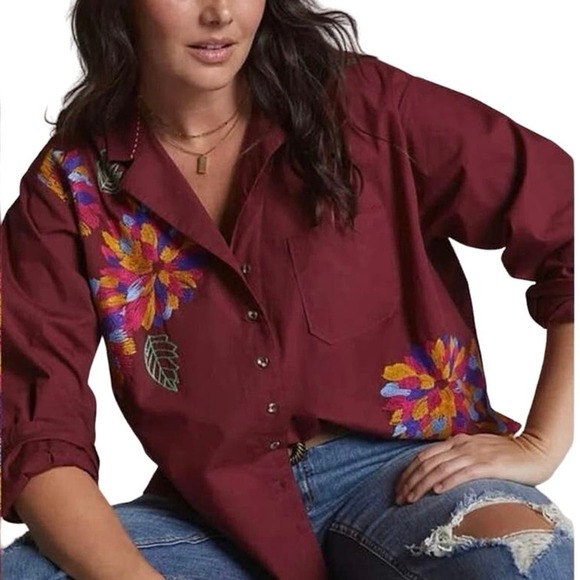 MAEVE Anthropologie Burgundy Embroidered Floral Button Down Shirt Sz 4 NWT - Picture 1 of 7